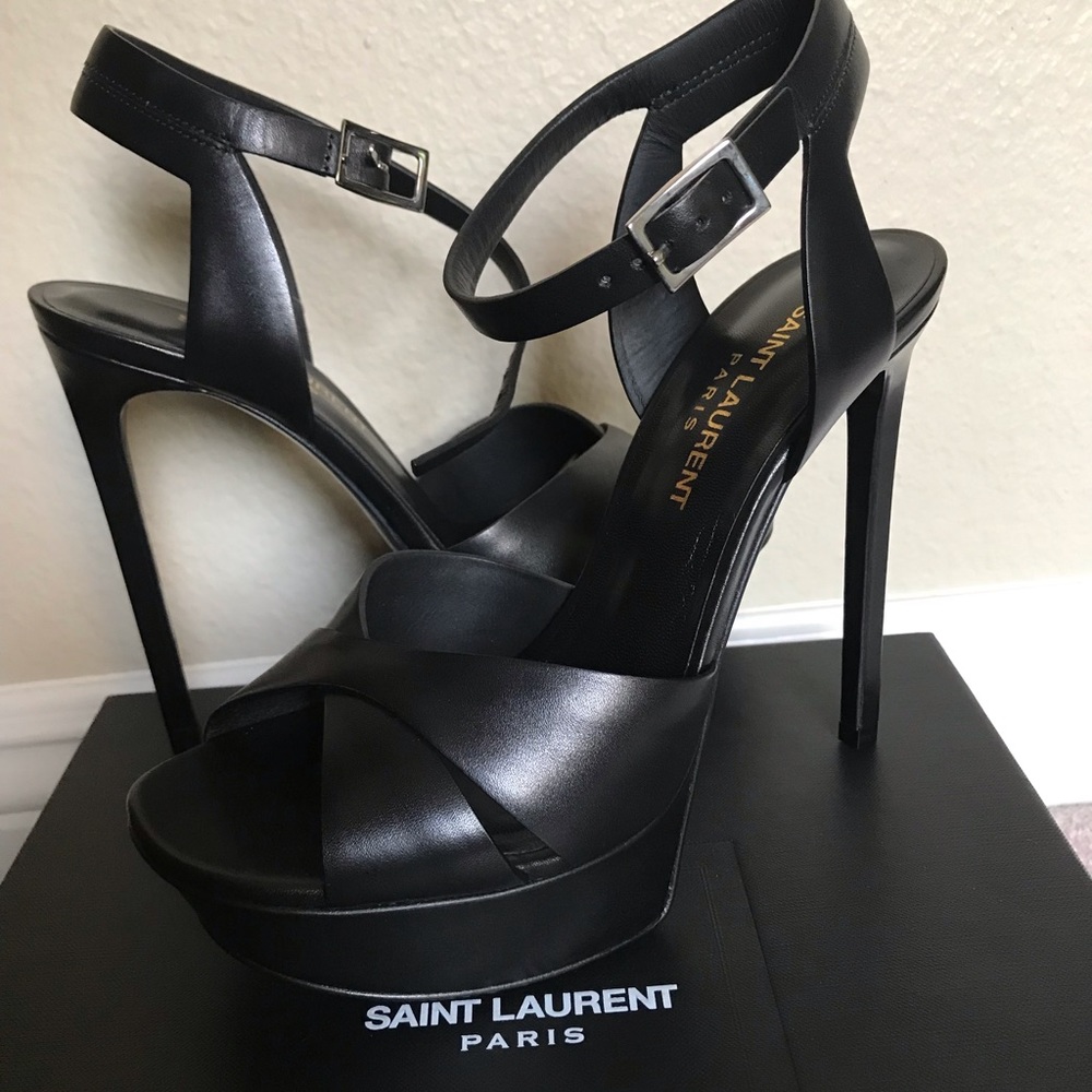 Saint Laurent Paris Bianca 105 Black Leather Platform Sandals US 6.5 NIB